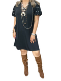 3X : Black Dress with pearl bubble sleeves
