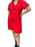 3X : Red Dress with pearl bubble sleeves