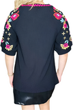 S, M, Large : Black top with embroidery details