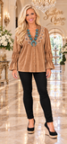 Velvet Blouse with Embroidery neckline & Bell Sleeves