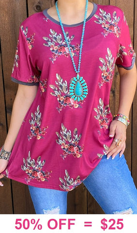 Plum Top with floral and feather print