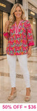 Pink Printed Blouse With Stripe V-Neck