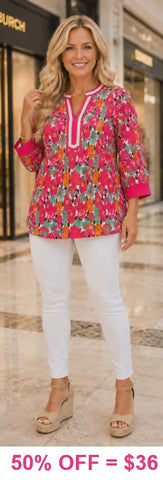 Pink Printed Blouse With Stripe V-Neck