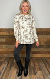Western print long sleeve cream top