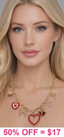 Gold Charm necklace with hearts and bows