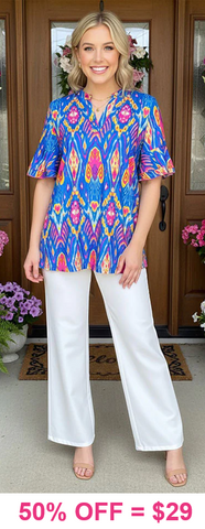 Blue Tribal v-neck top with ruffle sleeve