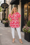 Red & Pink spotted top with flutter short sleeves