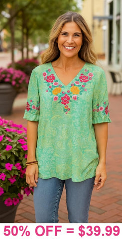 Top Seller #1 Green Blouse with Floral Embroidery.