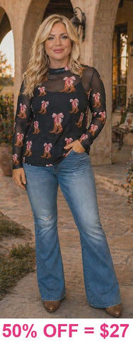 Black mesh top Cowgirl boot & Bows