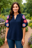 Navy Blouse With Embroidery Puff sleeve