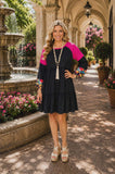 Black Dress with pink shoulders and printed sleeve