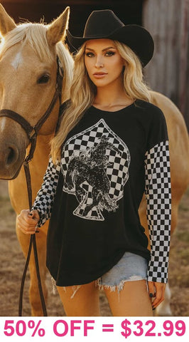 Bronc rider, spades, Checkered long sleeve top