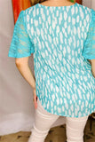 Turquoise & White sheer top with lace sleeves