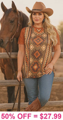 Rust Tribal print short sleeve top