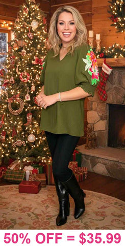 Olive top with embroidery sleeve detail