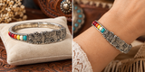 Silver cactus design, Colorful beaded, stretchy section bracelet