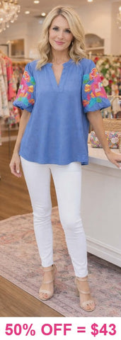 Light Blue blouse with embroidery puff sleeves