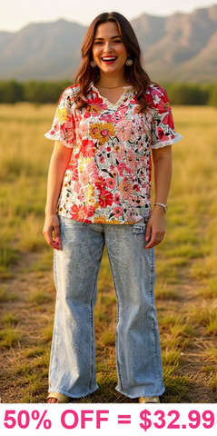 Floral Top With Light Blue Striped Ruffle Trim - Loose Fit