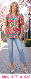 3X Colorful flutter sleeve v-neck top
