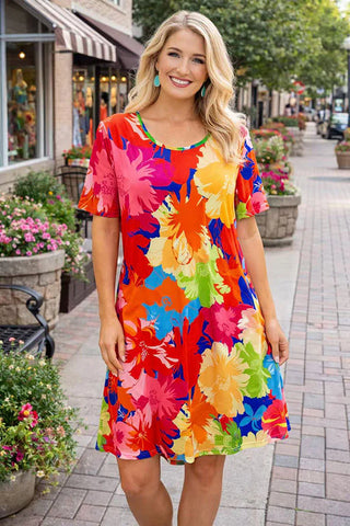 short colourful dresses Orange Floral Cotton Short Sleeve Dress - Mini Dresses