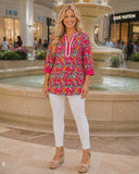 Pink printed blouse with stripe v-neck