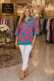 Teal & Pink Floral Collar Top