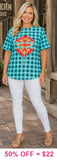 Turquoise Checkered top with tribal graphic