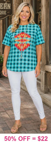 Turquoise Checkered top with tribal graphic