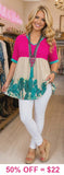 Pink, Cream, Turquoise cactus baby doll top -Loose fit