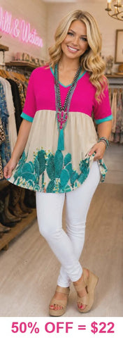 Pink, Cream, Turquoise cactus baby doll top -Loose fit