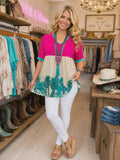Pink, Cream, Turquoise cactus baby doll top -Loose fit