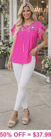 Large : Pink light weight top with Embroidery