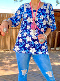 Navy, Blue,and White Floral Blouse with v-neck