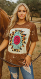 L, XL, 2X,3X :Brown top with leopard tribal turquoise arrowhead