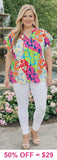 Colorful Floral print top with ruffle cap sleeves