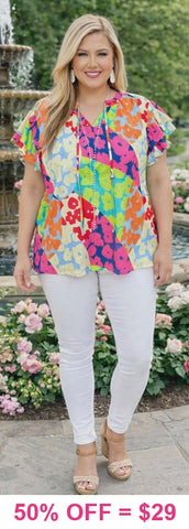 Colorful Floral print top with ruffle cap sleeves