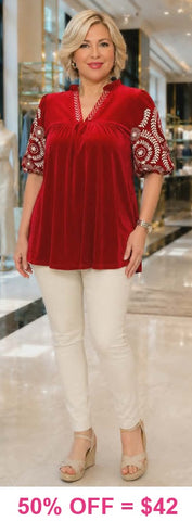 Red Velvet Embroidery sleeve top
