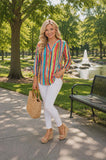 Stripe v-neck top roll tab sleeves