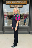 Black top with floral puff sleeves