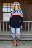 S, M, L,2X,3X : Turquoise & Coral leopard black top