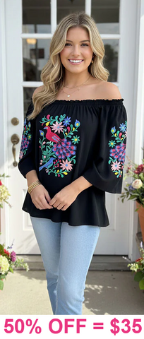 *Black blouse with floral peacock embroidery