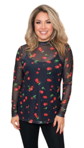 XL : Red Cherry sheer long sleeve