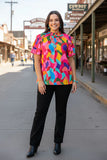 Colorful mock neck top ruffle sleeves