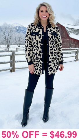 Leopard Sherpa jacket with black trim.  Also comes in Pink Trim