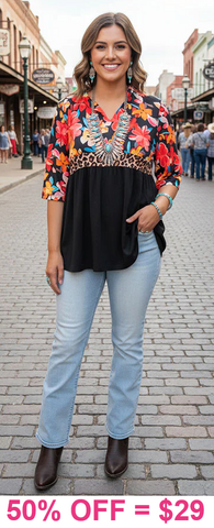 Floral, Leopard, Black Blouse