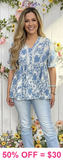 S,L,3X : Blue & White floral Top lace details