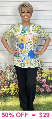 Blue & Yellow floral blouse with lace details