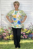 S, M, L,2X, 3X Blue & Yellow floral blouse with lace details