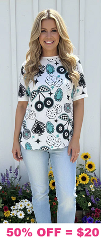SMALL: White top with Casino print