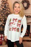 XL, 2X, 3X Christmas bows & Santa white long sleeve top